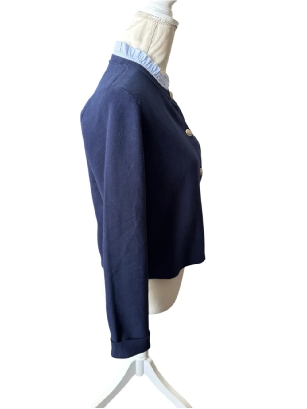 Women's LOFT Navy Cardigan with Light Blue Ruffle Collar M